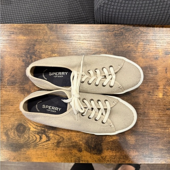 Sperry Topsider Memory Foam Casual Beige Canvas Sneakers EUC! Size 8.5 - Picture 2 of 5